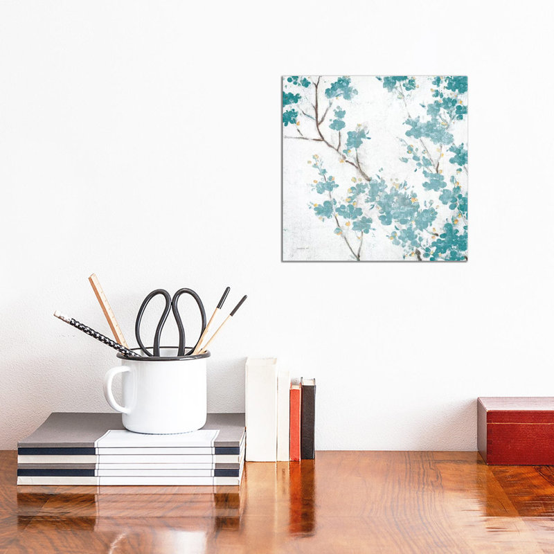 Teal Cherry Blossoms II On Cream Aged, No Bird by Danhui Nai - Wrapped Canvas Painting, 30.48 cm H x 30.48 cm W