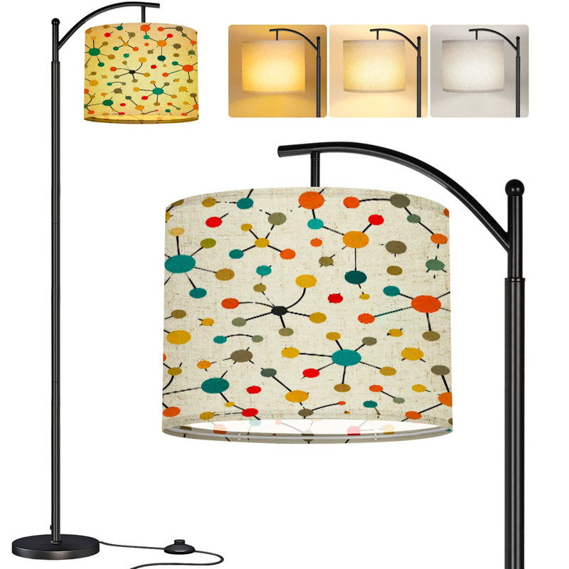  Lampe sur pied à arc Arc-en-ciel rétro avec cercles colorés, beige, grand lampadaire moderne à DEL, abat-jour réglable en lin, 3 températures de couleur