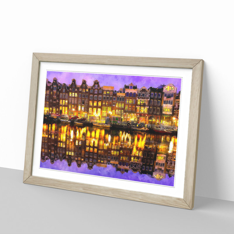 Amsterdam At Night - Single Picture Frame Painting on MDF, 62cm H x 87cm W x 2cm D, Oak