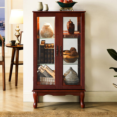Curio Cabinet In Cherry With Mirrored Back And 15.5" Package Width Adjustable Shelf For Collectables