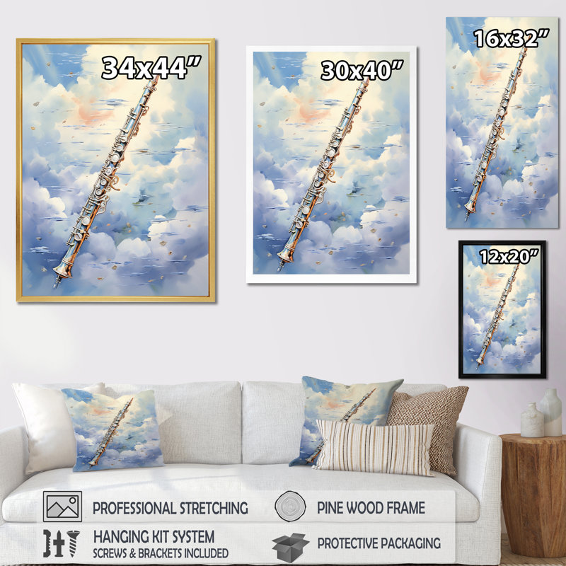 «Music Flute Flight Sky Blue II» sur toile, Cadre flottant noir, H 20 po x l 12 po x P 1 po