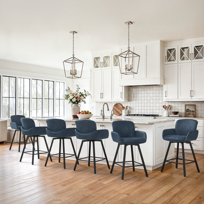 Nicola Dynasty Luxury Counter Swivel Bar Stools, Blue/Faux Leather, 6