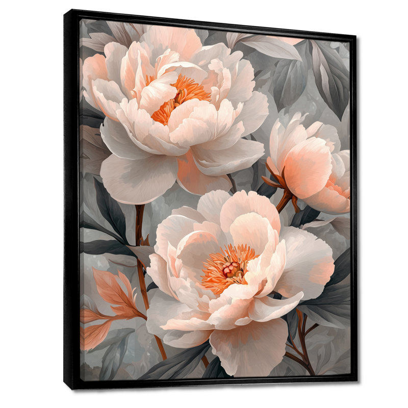 «Pink Sunlit Garden» - pivoines, art mural, Noir, Reproduction avec cadre flottant, H 20 po x l 12 po