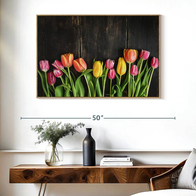 Tulipes sur bois, Cadre flottant en bois naturel, 43 po x 29 po