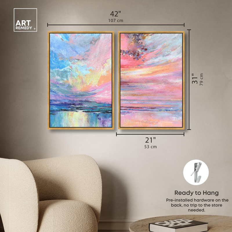 Celestial Reflections Canvas Print Sunset Pink Wall Decor Set by Art Remedy, Black Frame, 10 x 15, 31" H x 21" W