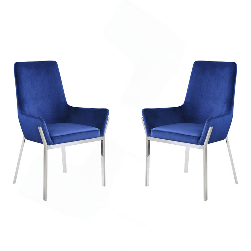 Ensemble de 2 chaises d'appoint rembourrées en velours bleu au fini argenté miroir