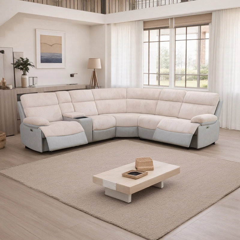 Power Recliner Sectional Living Room Sofa With Storage Console, Velours côtelé beige