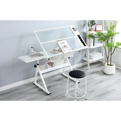White Drafting Table With Chair - Tempered Glass Desk, 0-75 Degrees Adjustable, Steel Frame, Scratch, Storage For Painting Accessories Adjustable Desk