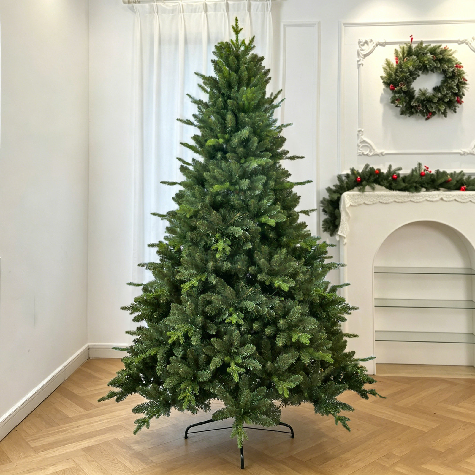 Unlit Artificial Christmas Tree with PVC/PE Mixed Branch Tips & Foldable metal base, 7.5'