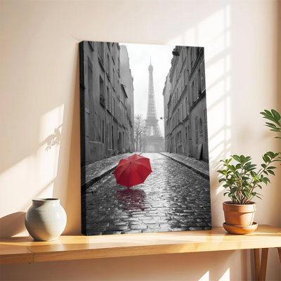 Paris Street Eiffel Tower With Red Umbrella Large Gallery Wrapped Canvas Wall Art Print For Living Room Bedroom