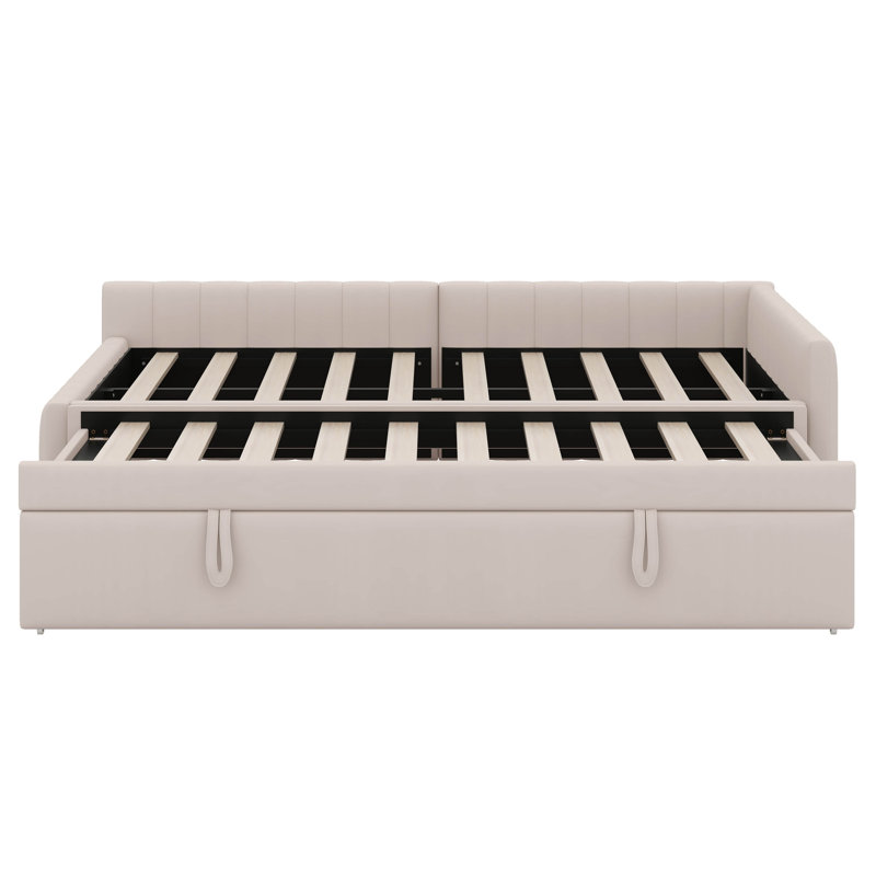 Full Size L-Shaped Upholstered Daybed With Twin Size Pop-Up Trundle, Wooden Slats Support For Bedroom Guest Room, Beige