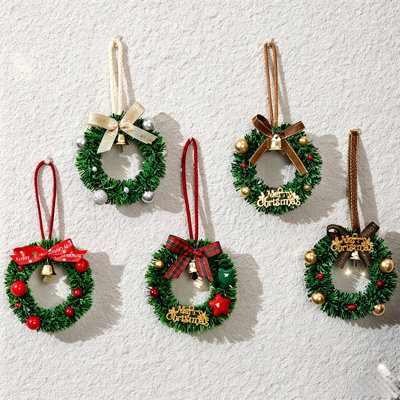 5‑Piece Mini Artificial Pine Wreath Ornament Set, 5.91 Inch, Christmas Hanging Decor for Tree, Garlands & Swag, Door Handle