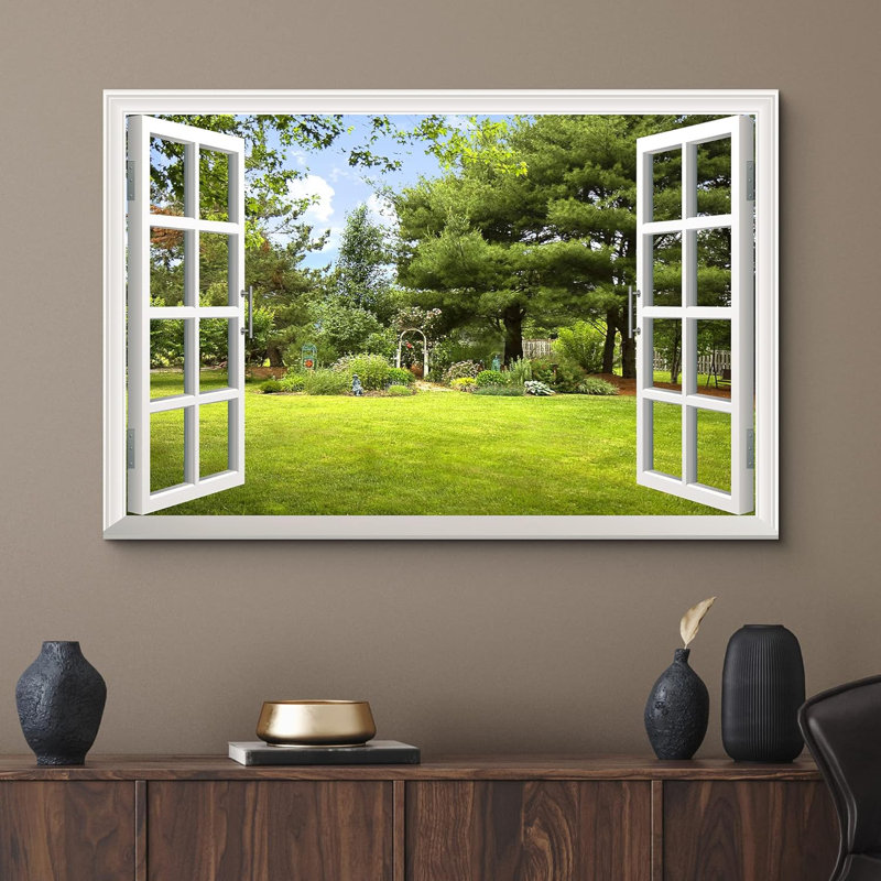 Window Scenery " Print Window Frame Style Beautiful Garden Backyard With Green Trees And Clear Blue Sky In Spring "