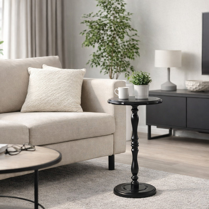 Table d'appoint ronde ronde en bois massif pour petits espaces, Noir