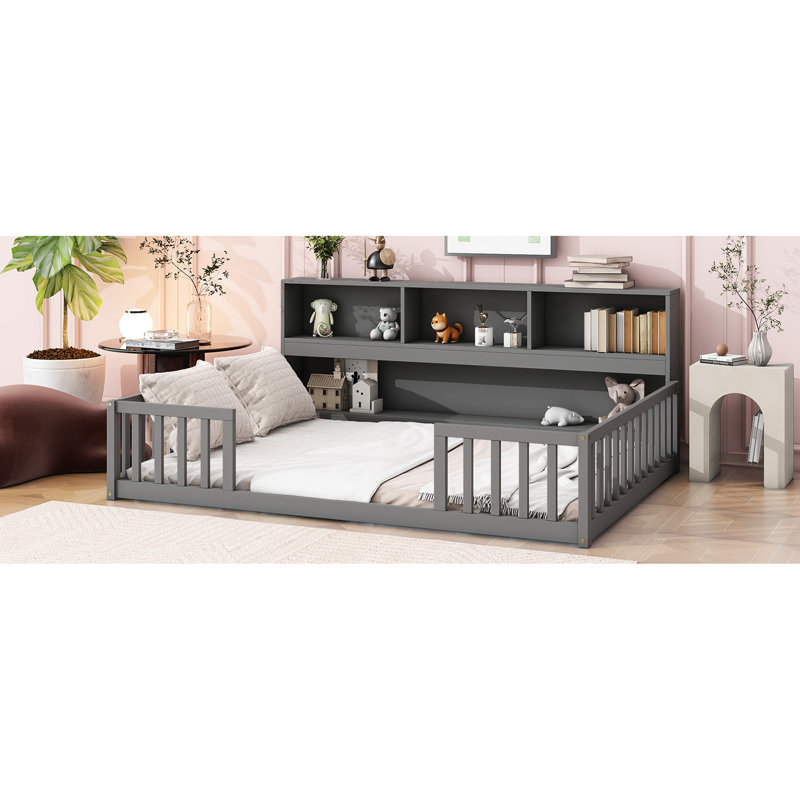 Full Floor Bed With Shelves & Bookcase - Grey, Modern And Functional Bedroom Essential Grey Guardrails Stable Sleeping Option