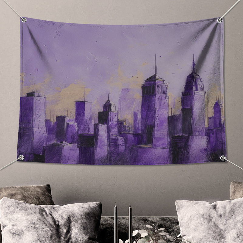 Tapisserie murale mauve City Skyline - décoration murale paysage urbain, 104 po H x 88 po avec 4 œillets