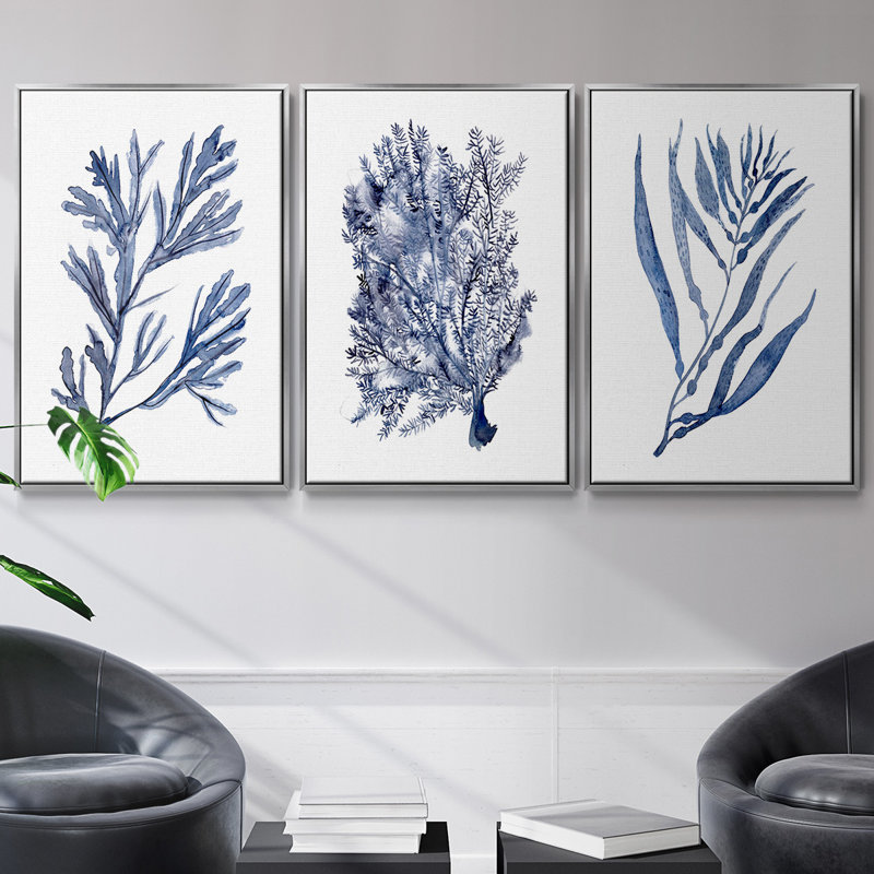 Seaweed Under Water I, ensemble de 3 toiles encadrées sur toile, H 36 po x l 72 po, Argent