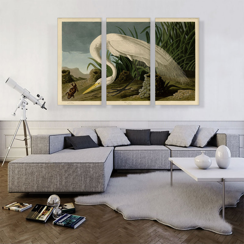 «White Heron» par James Audubon, ensemble de 3 reproductions d'art sur toile tendue, H 40 po x l 60 po x P 0,75 po