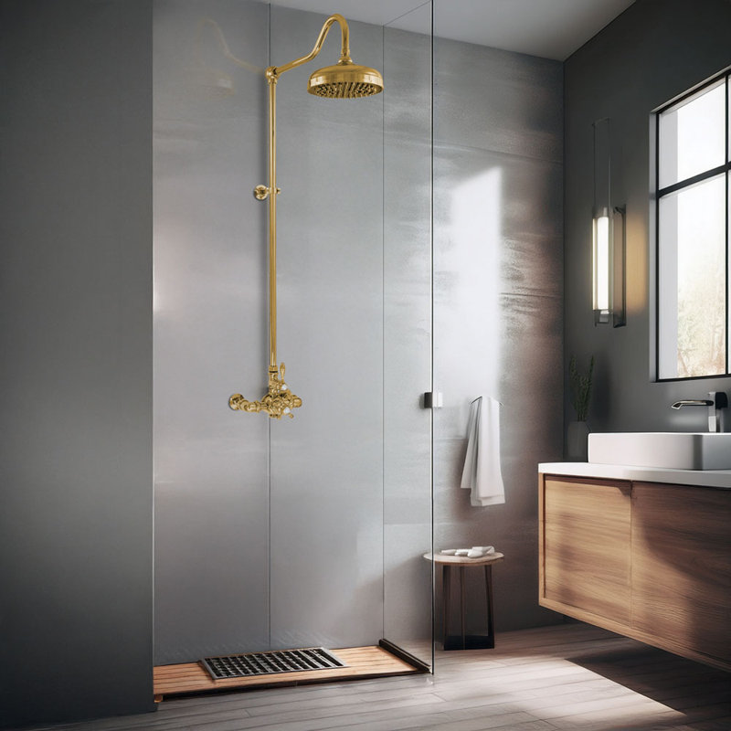 Exposed Thermostatic Shower System  with 1.75 GPM and Lever/Cross Handles, Unlacquered Satin Brass