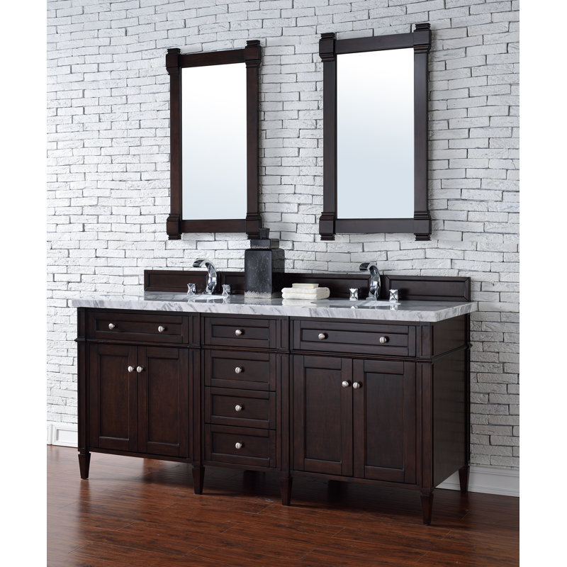 Meuble-lavabo double l 72 po Dussault, Acajou bruni, Blanc de Carrare, 8 po