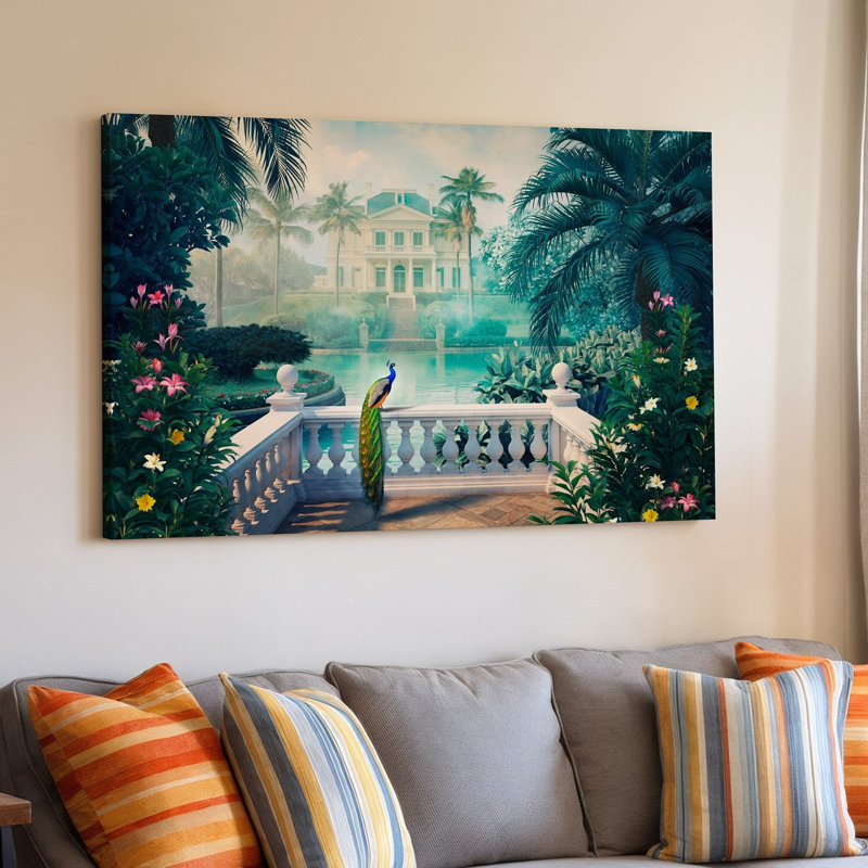 Toile, "Un paysage tropical serein avec un paon majestueux perché sur un mur", H 9 po x l 12 po