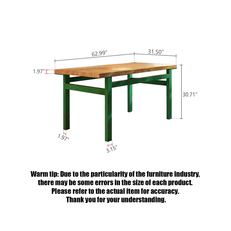 Table de salle à manger rectangulaire, simple et vieillie en orme vieilli, Vert, H 30,71 po x L 62,99 po x l 31,5 po
