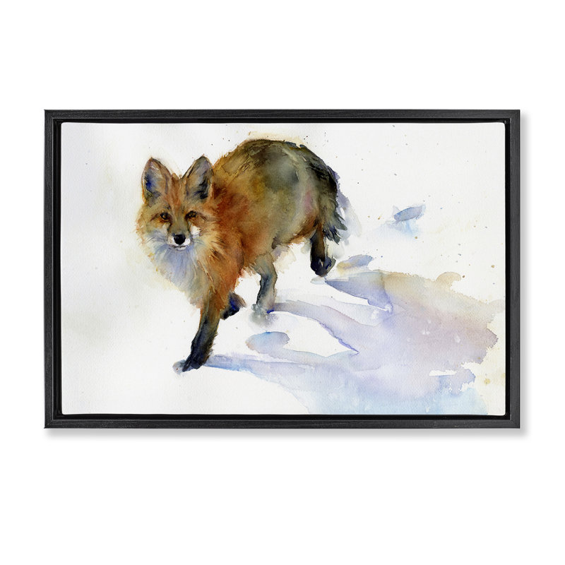 «Stepping Fox in Snow» par John Keeling, Cadre flottant noir de jais, H 21 po x l 31 po
