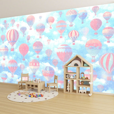 Papier peint auto-adhésif Dreamy Pastel Hot Air Ballons Across Fluffy Clouds