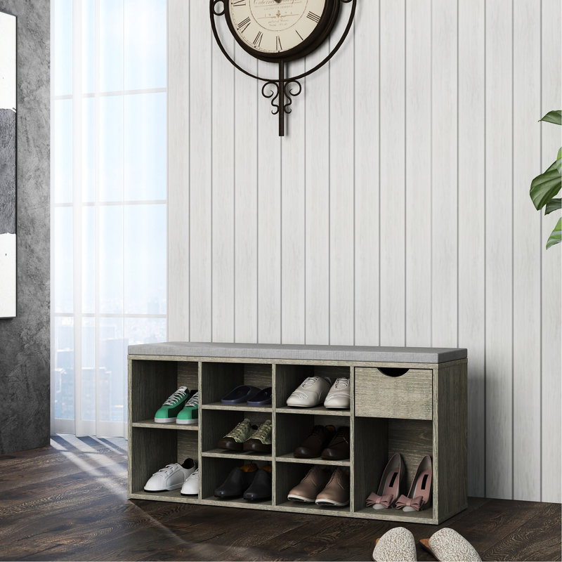 Shoe Bench With Padded Seat And Drawer For Accessories, 10 - Compartment Rack, Gray Finish, 40.9”l Entryway Bench, Cushion, Drawer, 9 Pair Capacity, Side Compartments, High Boots, Gray, Particle Board