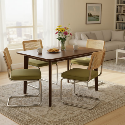 5-Piece Solid Wood Dining Table Set Rectangular Kitchen Table With Rattan Back Cantilever Chairs