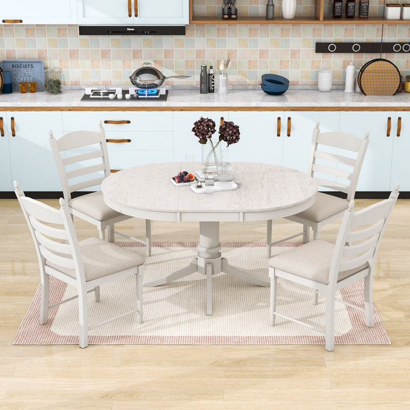 Retro 5-Piece Dining Set, Wood Dining Table with Movable Leaf and Ladder Back Chairs, Antique White