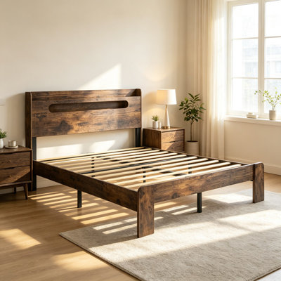 Lit plateforme double en bois brun foncé à DEL pleine grandeur - équipé d'une tête de lit avec lumières DEL et de deux ports USB, offrant une performance silencieuse, un design sans sommier, une installation facile et un grand espace de rangement sous le lit.