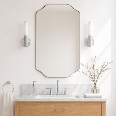 Kudi Scalloped Polished Nickel Bathroom Mirror Decorative Silver Metal Framed Irregular Bathroom Vanity Mirror Wall Mounted 36 x 24''