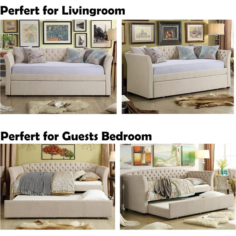 Upholstered Twin Daybed with Trundle and Tufted Button Daybed Frame, for Living Room, Bedroom, Guest Room