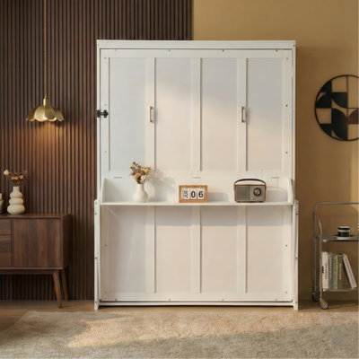 Queen Size Wood Vertical Murphy Bed, Space-Saving Hidden Wall Bed, Wall Bed Cabinet, With Desk, Gas Struts ,White