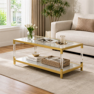 Table basse 47,3 x 23,7 pouces à double couche en verre trempé avec cadre doré et pieds en acrylique transparent (meubles de salon)