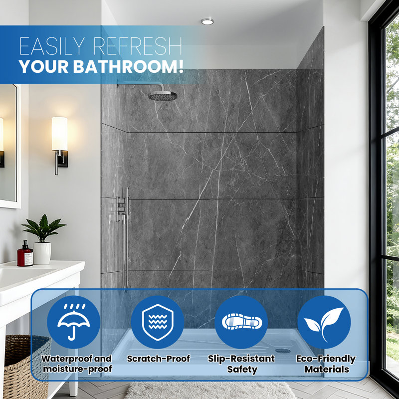 36" W x 96" H 12-Piece Acrylic Shower & Tub Wall Panel, Quick Install & Cuttable, 1/8" (2.8mm) Thickened, Marble Grey