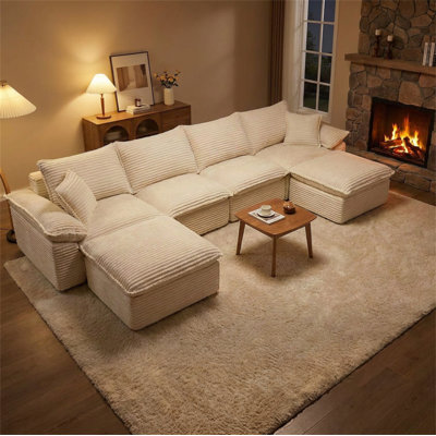 144" Oversized Corduroy U-Shape Modular Sectional Sofa with Movable Ottoman