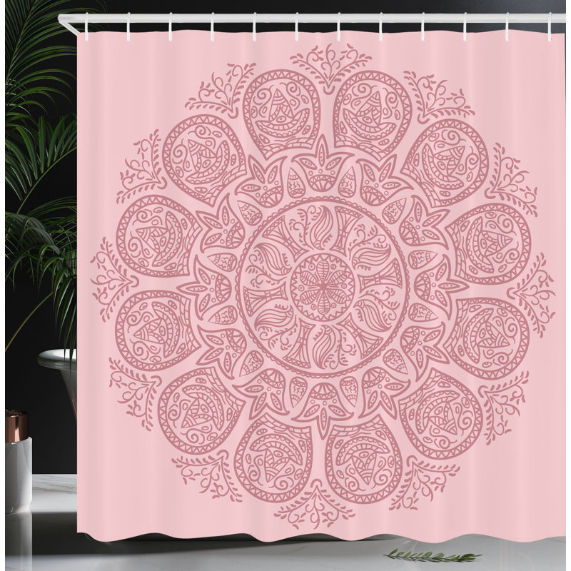 Pale Pink Ornamental Fabric Shower Curtain with Hooks