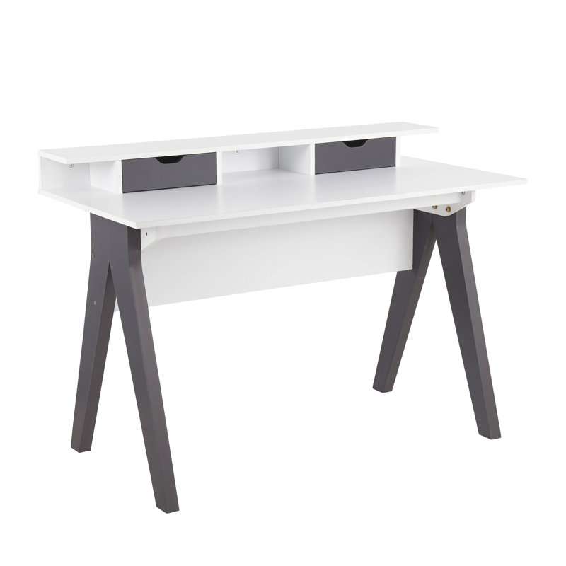 Bureau contemporain Wishbone en bois gris et blanc avec tablette surélevée et deux tiroirs