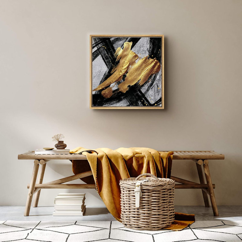 Coups de peinture noirs et dorés - reproduction de cadre flottant sur toile, H 24 po x l 24 po x P 1,5 po, Encadré naturel