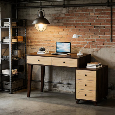 Retro - Style Computer Desk, 5 Pull Out Drawers For Effective Storage, Comfortable Working Environment, Adjustable Size, And Solid Wood Legs, Rustic Brown Engineered Wood, 39.37" X 17.72 Desktop,