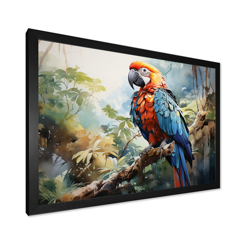 Plumage de perroquet tropical II sur toile, Cadre simple noir, H 34 po x l 44 po x P 1,5 po