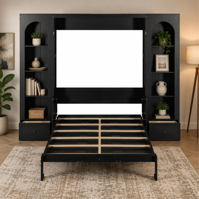Queen Size Murphy Platform Bed with Shelf, Side Cabinets, Drawers and LED, Black