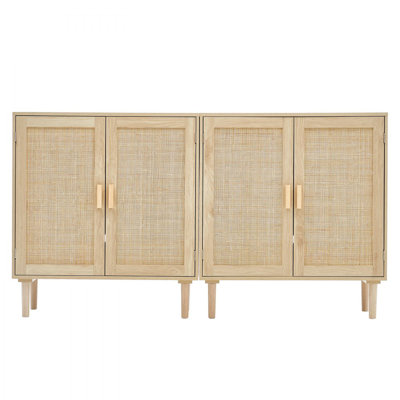Rattan Cabinet, Set of 2, Rattan Storage Cabinet with 4 Magnetic Doors and Adjustable Shelves, Sideboard Buffet Cabinet for Hallway, Entryway, Living Room, or Kitchen, Natural