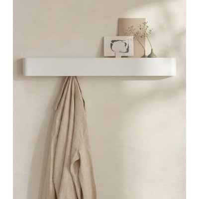 Portemanteau mural avec tablette «Tone» | Portemanteaux moderne avec crochets cachés et rangement | Porte-chapeau avec tablette en métal | Organisateur de sac à main mural | Blanc