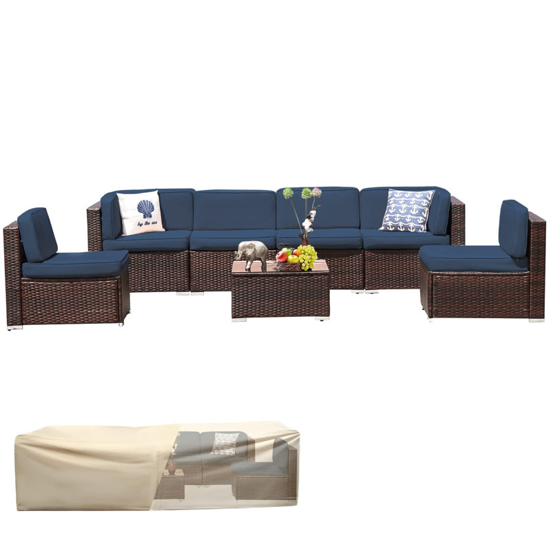 Wicker 6 - Person Modular Patio Conversation Set with Cushions, Navy Blue