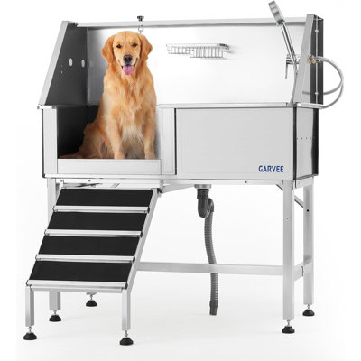 46" Stainless Steel Dog Washing Station – Walk-in Ramp, Heavy Duty Pet Grooming Bathtub, Left Door
