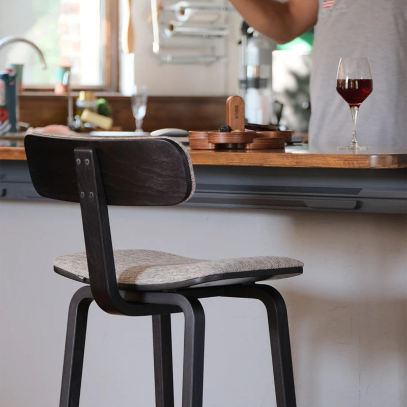 Tee Upholstered Stool with Solid Wood Frame, Gray/Light Walnut Frame