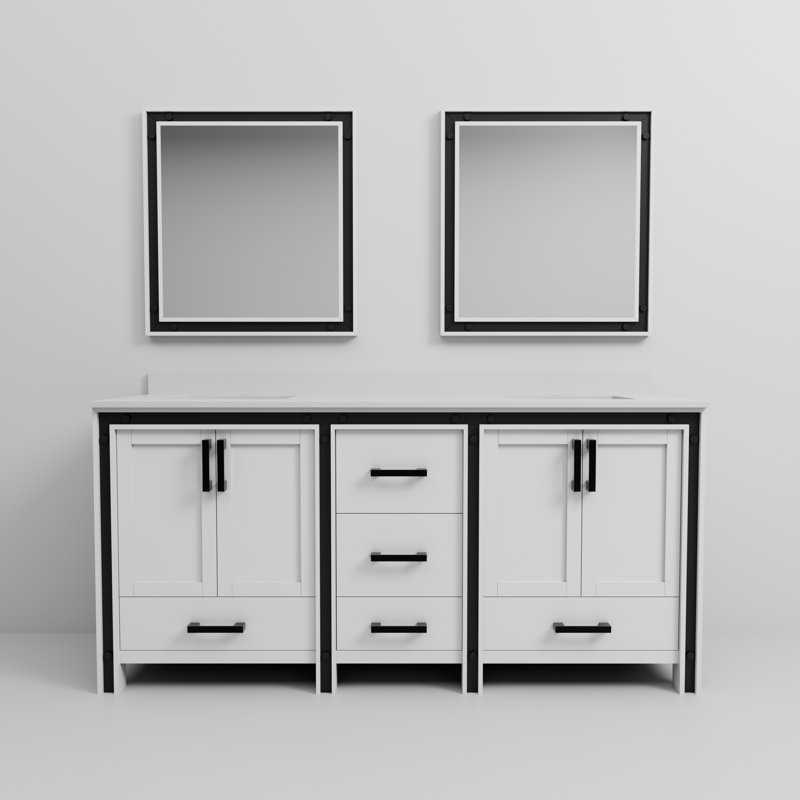Meuble-lavabo double l 72 po x P 22 po avec plateau blanc et miroirs 30 po Ziva, Blanc, Quartz blanc